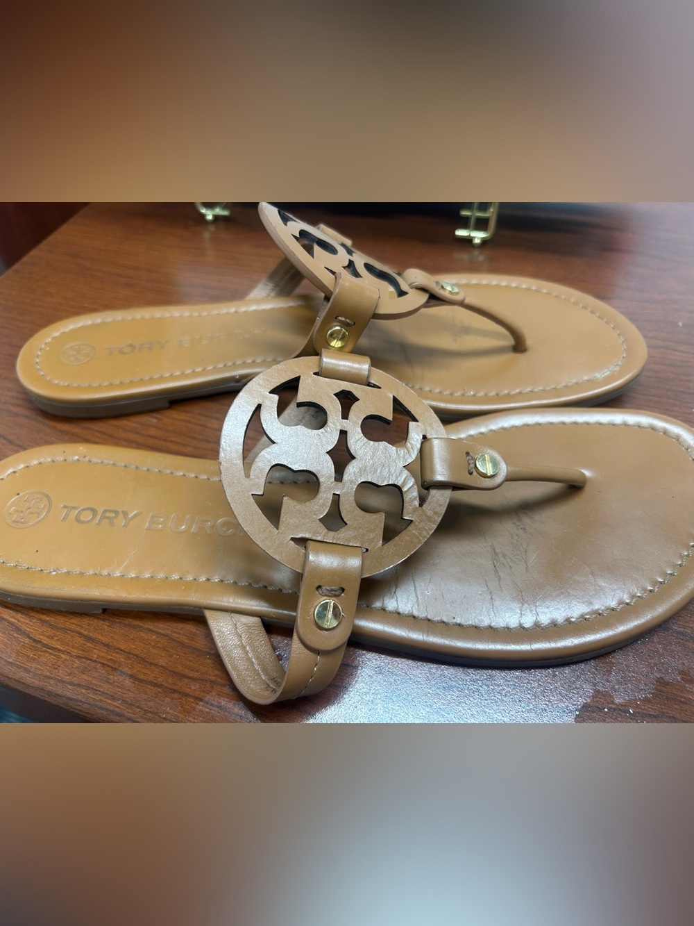 Tory Burch Womens Brown Leather Logo Thong Slip On Sandals Size 11